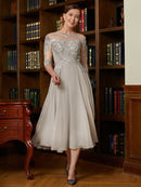 Mother of the Bride Dresses A-Line Princess Chiffon Lace 3/4 Sleeves Tea-Length