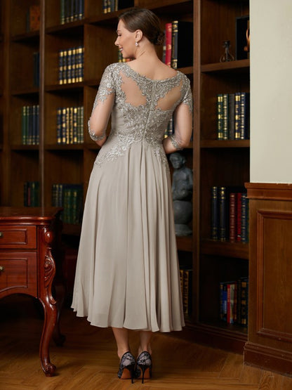 Mother of the Bride Dresses A-Line Princess Chiffon Lace 3/4 Sleeves Tea-Length