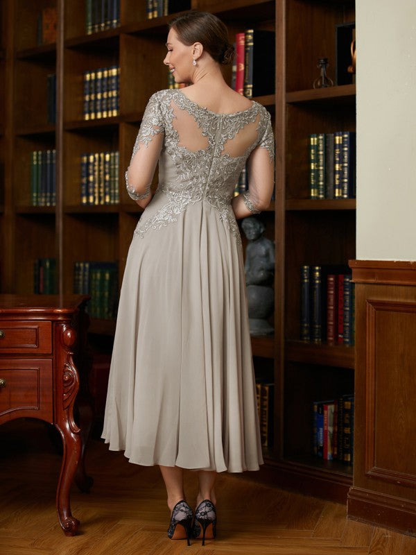 A-Line/Princess Chiffon Lace Scoop 3/4 Sleeves Tea-Length Mother of the Bride Dresses