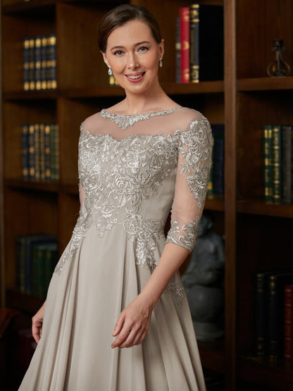 Mother of the Bride Dresses A-Line Princess Chiffon Lace 3/4 Sleeves Tea-Length