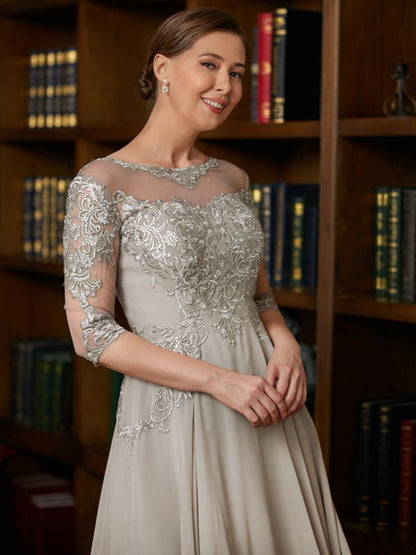 Mother of the Bride Dresses A-Line Princess Chiffon Lace 3/4 Sleeves Tea-Length