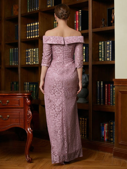 Sheath/Column Satin Lace Off-the-Shoulder 3/4 Sleeves Floor-Length Mother of the Bride Dresses