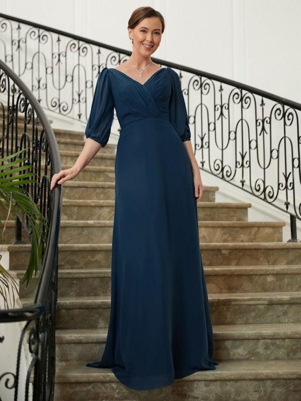 A-Line/Princess Chiffon Ruched V-neck 1/2 Sleeves Floor-Length Mother of the Bride Dresses