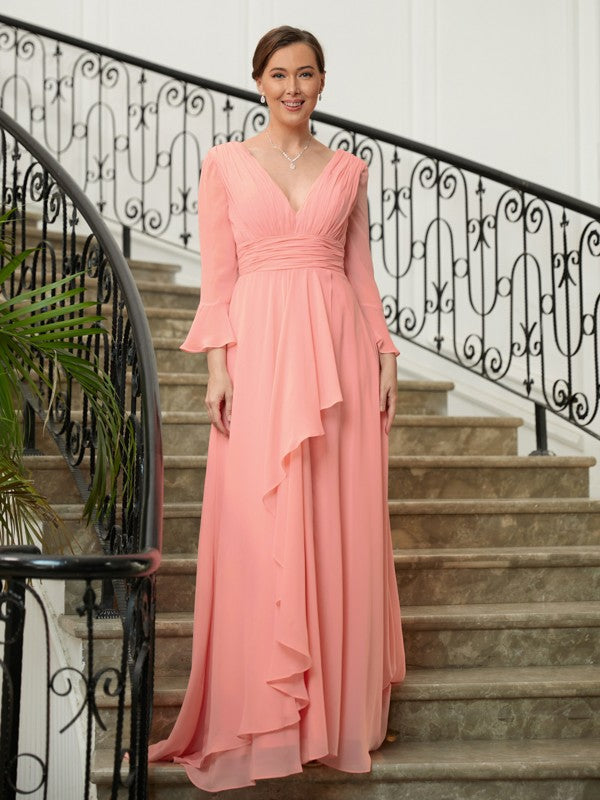 Mother of the Bride Dresses A-Line Princess Chiffon Ruched V-neck Long Sleeves Sweep Brush Train