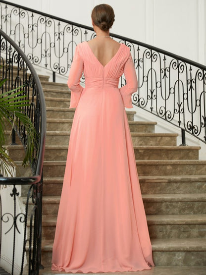 Mother of the Bride Dresses A-Line Princess Chiffon Ruched V-neck Long Sleeves Sweep Brush Train