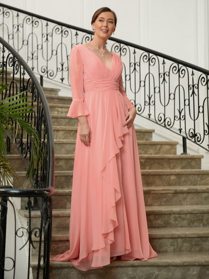 Mother of the Bride Dresses A-Line Princess Chiffon Ruched V-neck Long Sleeves Sweep Brush Train