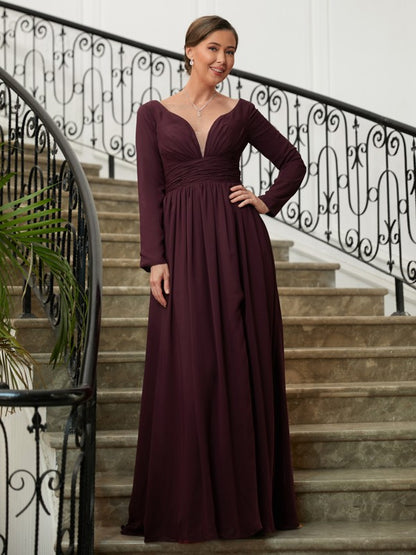 A-Line/Princess Chiffon Ruched V-neck Long Sleeves Floor-Length Mother of the Bride Dresses