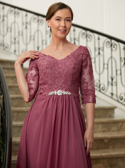 A-Line/Princess Chiffon Lace V-neck 3/4 Sleeves Floor-Length Mother of the Bride Dresses