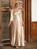 A-Line/Princess  Woven Satin Ruched V-neck 3/4 Sleeves Ankle-Length Mother of the Bride Dresses