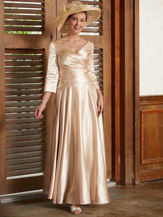 A-Line/Princess  Woven Satin Ruched V-neck 3/4 Sleeves Ankle-Length Mother of the Bride Dresses