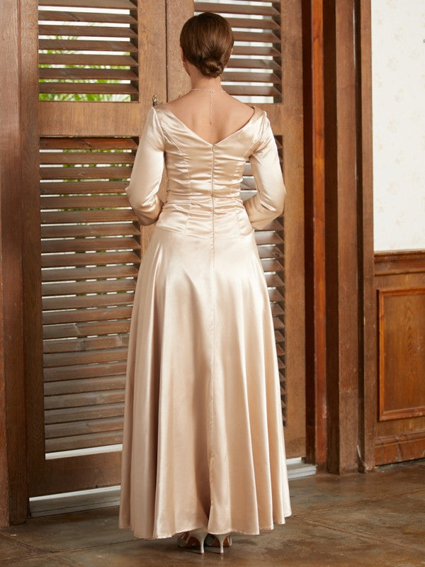 A-Line/Princess  Woven Satin Ruched V-neck 3/4 Sleeves Ankle-Length Mother of the Bride Dresses