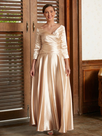 A-Line/Princess  Woven Satin Ruched V-neck 3/4 Sleeves Ankle-Length Mother of the Bride Dresses