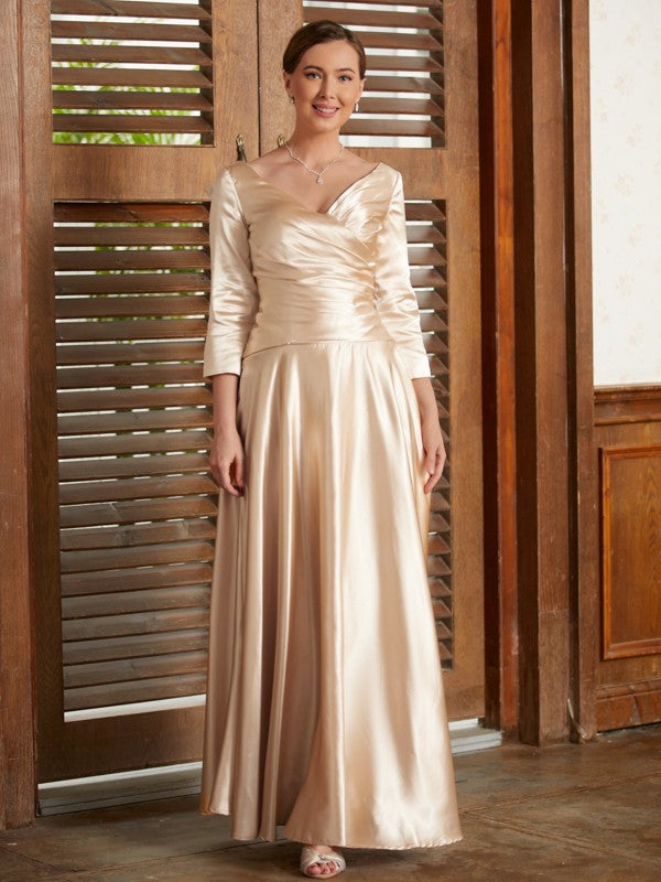 A-Line/Princess  Woven Satin Ruched V-neck 3/4 Sleeves Ankle-Length Mother of the Bride Dresses