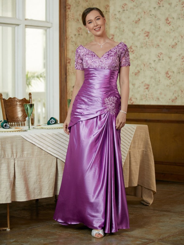 Sheath/Column  Woven Satin Applique V-neck Short Sleeves Floor-Length Mother of the Bride Dresses