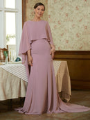 Mother of the Bride Dresses Sheath/Column Chiffon Ruffles Long Sleeves Sweep