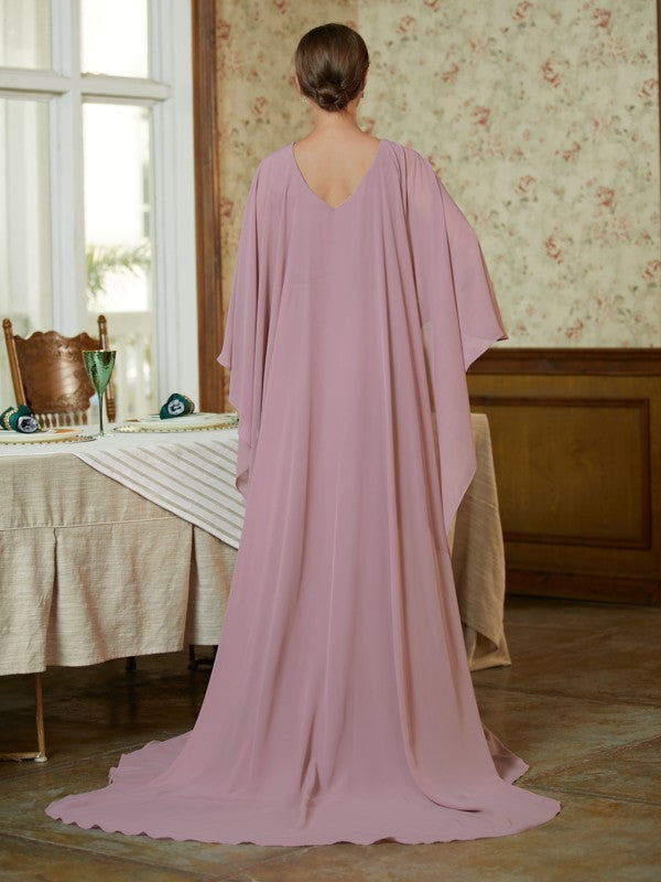 Mother of the Bride Dresses Sheath/Column Chiffon Ruffles Long Sleeves Sweep