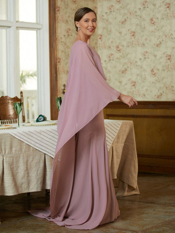 Mother of the Bride Dresses Sheath/Column Chiffon Ruffles Long Sleeves Sweep