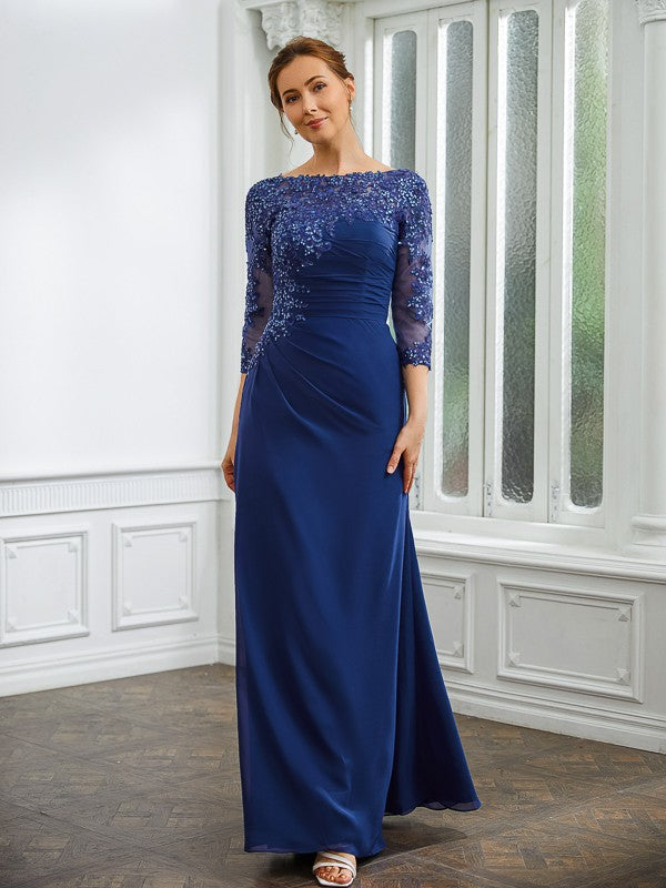 Sheath/Column Chiffon Applique Bateau 3/4 Sleeves Floor-Length Mother of the Bride Dresses