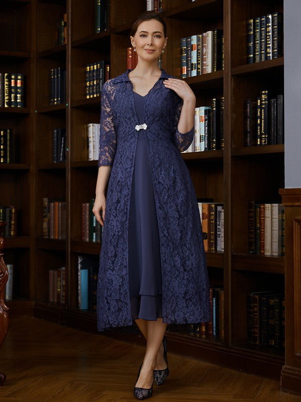 A-Line/Princess Chiffon Ruched V-neck Sleeveless Tea-Length Mother of the Bride Dresses