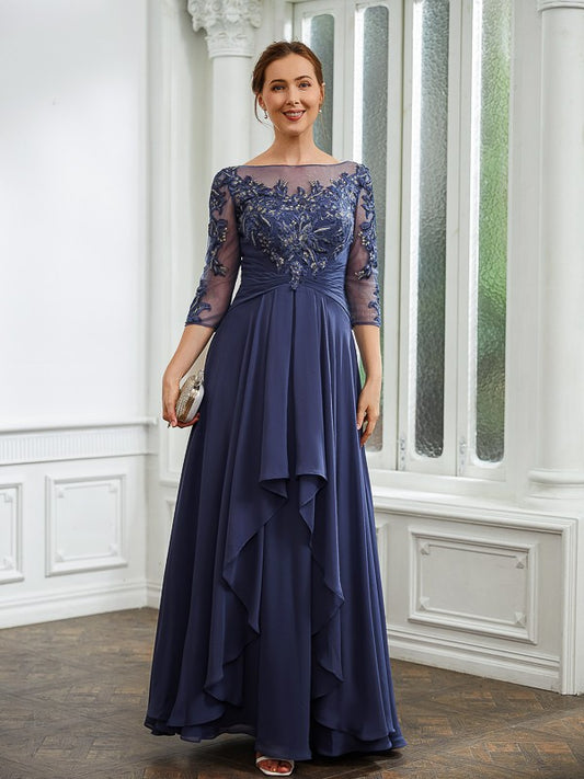 A-Line/Princess Chiffon Applique Bateau 3/4 Sleeves Floor-Length Mother of the Bride Dresses