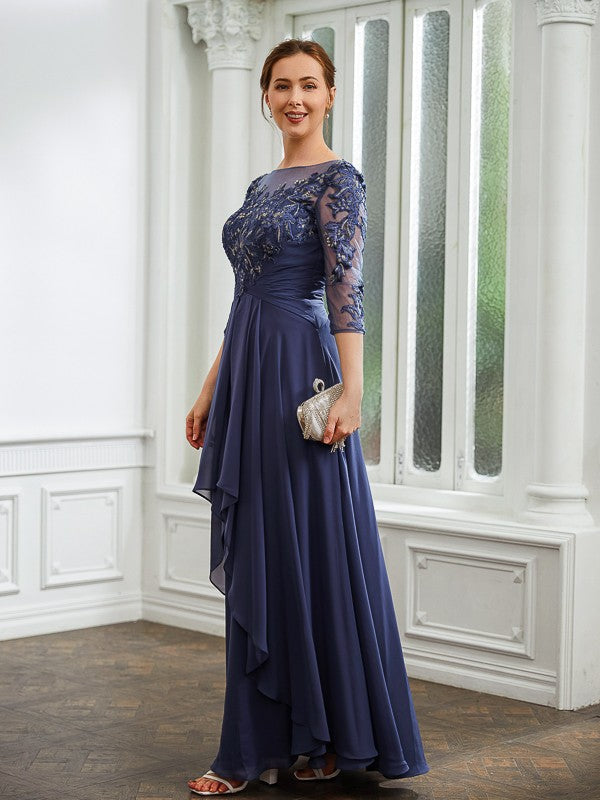 A-Line/Princess Chiffon Applique Bateau 3/4 Sleeves Floor-Length Mother of the Bride Dresses