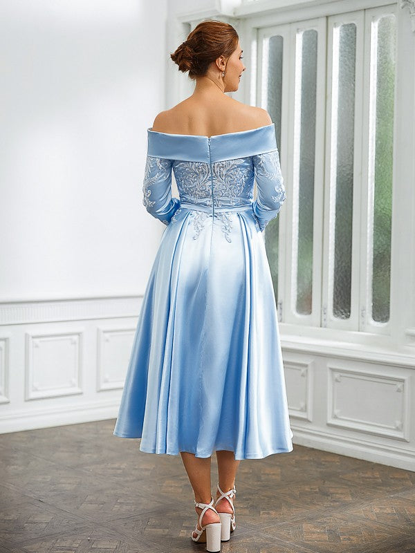 A-Line/Princess  Woven Satin Ruched Off-the-Shoulder Long Sleeves Tea-Length Mother of the Bride Dresses