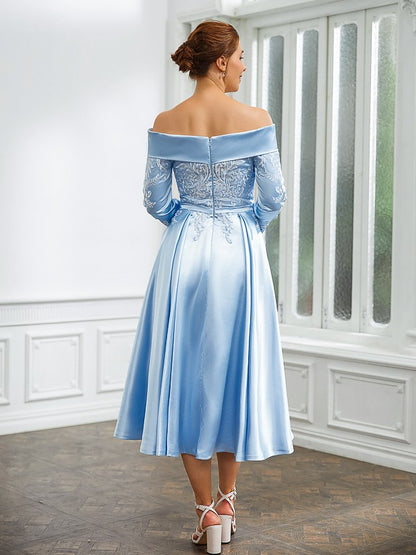 A-Line/Princess  Woven Satin Ruched Off-the-Shoulder Long Sleeves Tea-Length Mother of the Bride Dresses