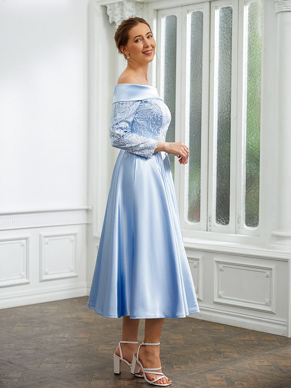 A-Line/Princess  Woven Satin Ruched Off-the-Shoulder Long Sleeves Tea-Length Mother of the Bride Dresses