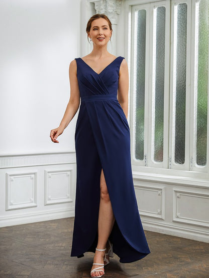 Sheath/Column Stretch Crepe Ruched V-neck Sleeveless Floor-Length Mother of the Bride Dresses