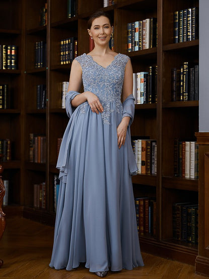 A-Line/Princess Chiffon Applique V-neck Sleeveless Floor-Length Mother of the Bride Dresses