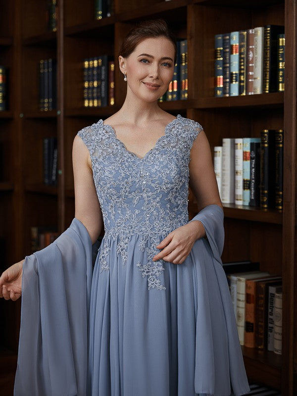 A-Line/Princess Chiffon Applique V-neck Sleeveless Floor-Length Mother of the Bride Dresses