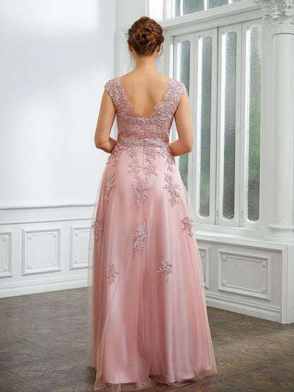 A-Line/Princess Tulle Applique V-neck Sleeveless Floor-Length Dresses