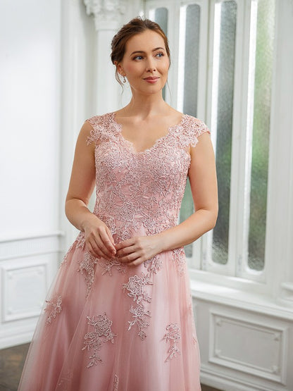 A-Line/Princess Tulle Applique V-neck Sleeveless Floor-Length Dresses