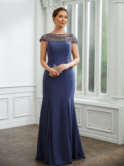 Sheath/Column Chiffon Beading Bateau Short Sleeves Floor-Length Mother of the Bride Dresses