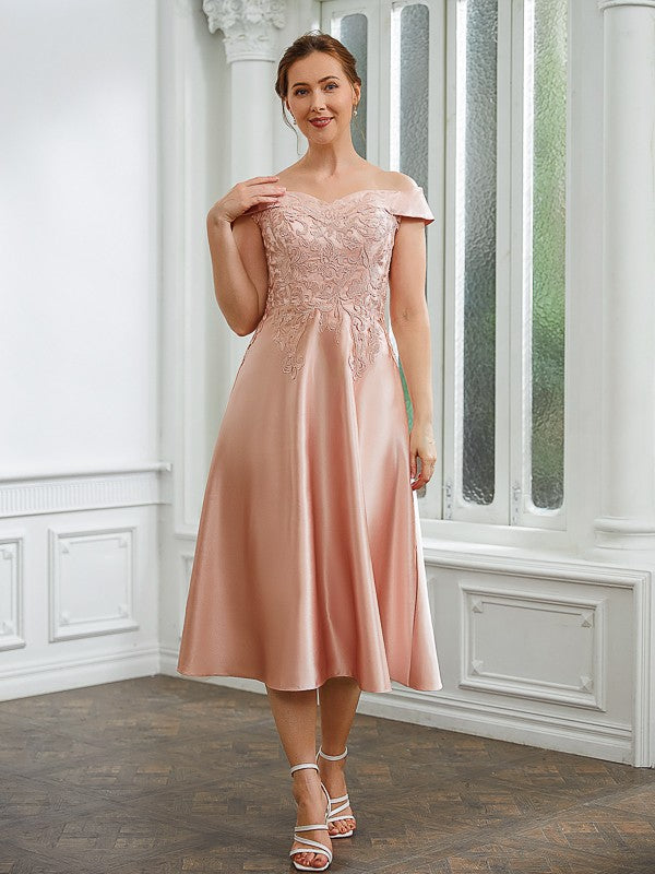 A-Line/Princess Satin Applique Off-the-Shoulder Sleeveless Tea-Length Mother of the Bride Dresses