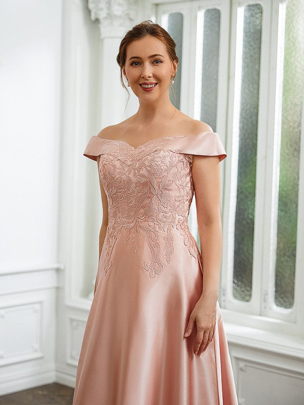 A-Line/Princess Satin Applique Off-the-Shoulder Sleeveless Tea-Length Mother of the Bride Dresses