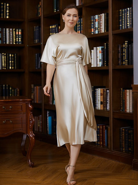 Sheath/Column  Woven Satin Ruched Scoop Short Sleeves Tea-Length Mother of the Bride Dresses