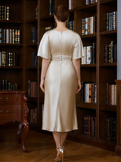 Sheath/Column  Woven Satin Ruched Scoop Short Sleeves Tea-Length Mother of the Bride Dresses