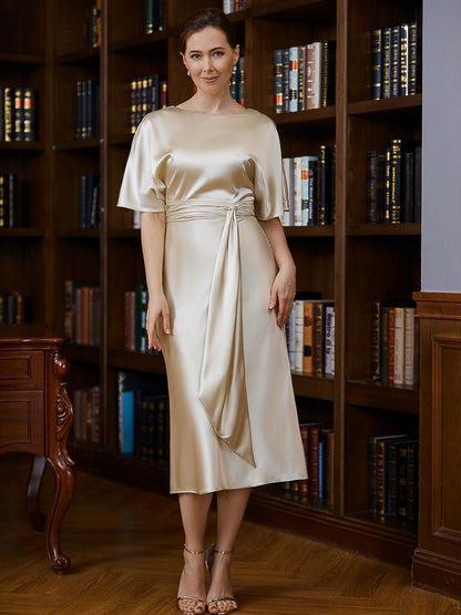 Sheath/Column  Woven Satin Ruched Scoop Short Sleeves Tea-Length Mother of the Bride Dresses