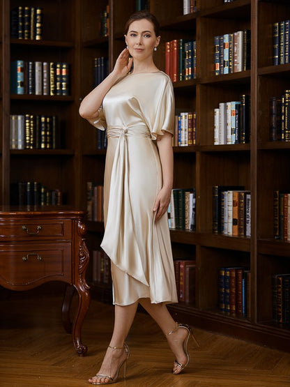 Sheath/Column  Woven Satin Ruched Scoop Short Sleeves Tea-Length Mother of the Bride Dresses