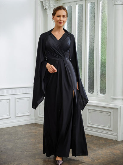 Mother of the Bride Dresses Column Jersey Ruched V neck Sleeveless Floor-Length