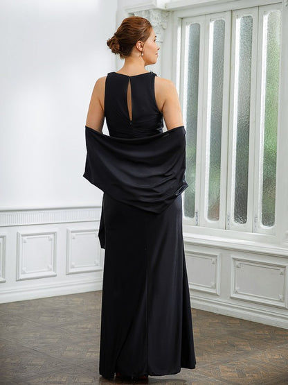 Sheath/Column Jersey Ruched V-neck Sleeveless Floor-Length Mother of the Bride Dresses