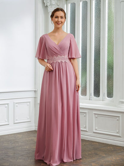 Mother of the Bride Dresses A-Line Chiffon Ruched V-neck 1/2 Sleeves Floor-Length