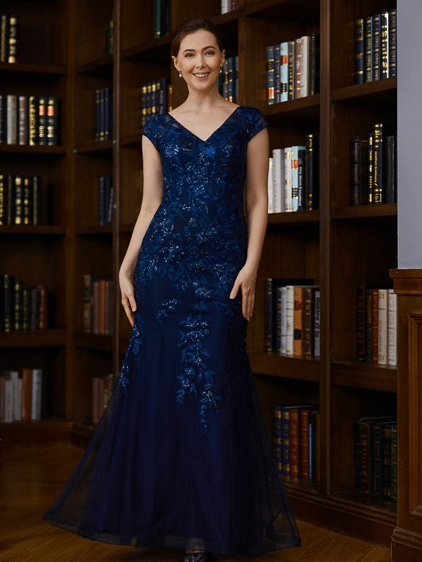 Mother of the Bride Dresses Sheath Column Tulle Applique V-neck Short Sleeves Floor-Length