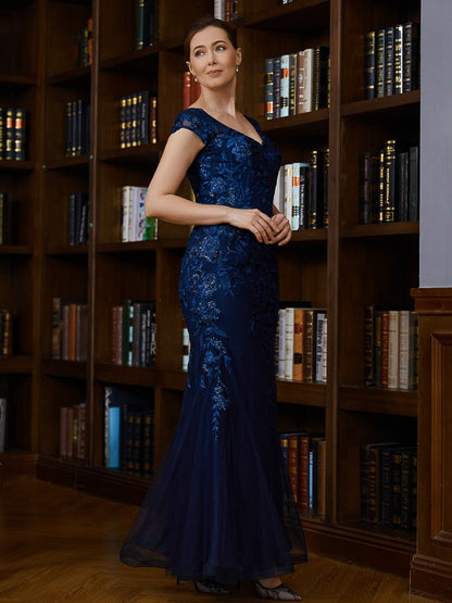 Mother of the Bride Dresses Sheath Column Tulle Applique V-neck Short Sleeves Floor-Length