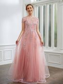 A-Line/Princess Tulle Applique Bateau Short Sleeves Floor-Length Dresses