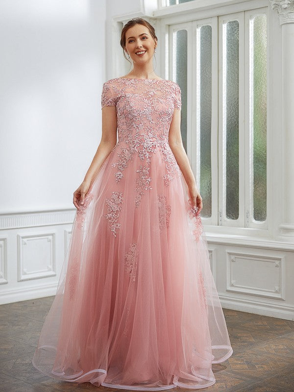 A-Line/Princess Tulle Applique Bateau Short Sleeves Floor-Length Dresses