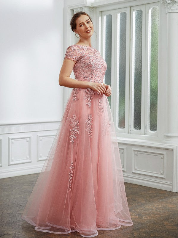 A-Line Princess Tulle Applique Short Sleeves Length Dresses