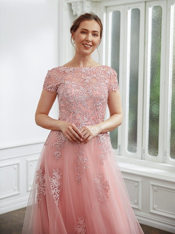 A-Line Princess Tulle Applique Short Sleeves Length Dresses