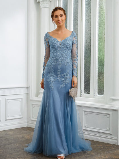 Mother of the Bride Dresses Sheath Column Tulle Applique V-neck Long Sleeves Sweep Brush Train